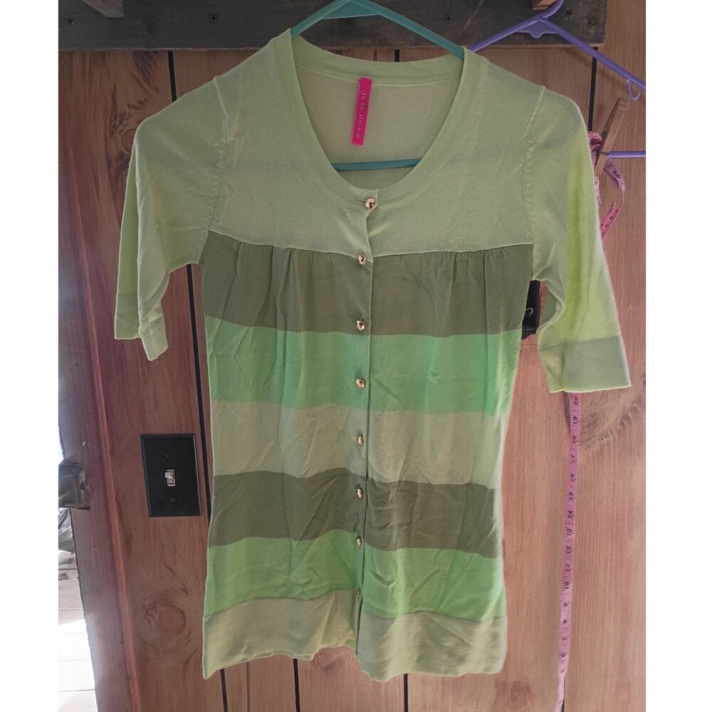 Charlotte Tarantola Pastel Stripe Cardigan Gold Button Short Sleeve Preppy Knit